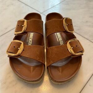 Brown suede big buckle Birkenstocks